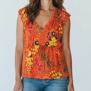 CAbi Women's Art Teacher Satin Red Wildflower Tunic Top